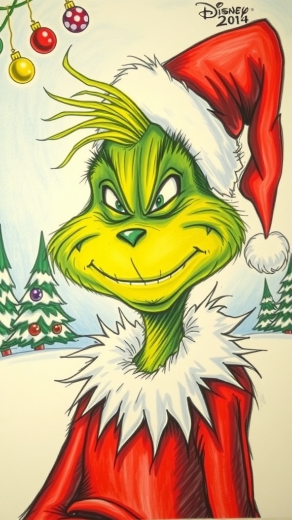 Grinch-Inspired Christmas Drawings A playful Grinch drawing in a snowy Christmas setting, showcasing the character